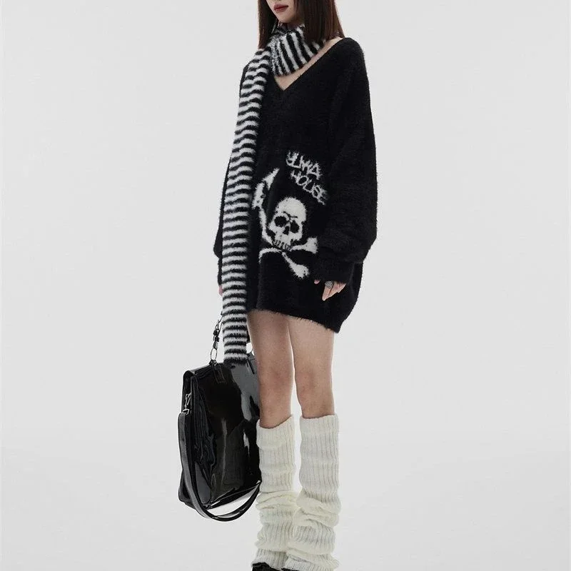 Y2k Aesthetic Pullover Mohair Thick Sweater Punk Vintage Sueter Skull Print Grunge Pull Cosplay Striped Scarf Autumn Winter