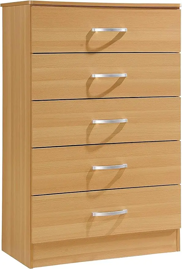 5 Drawer Wood Dresser for Bedroom, Chest of Drawers with Metal Rails for Support when Storing Clothing, Beech, 47.8x31.5 inches