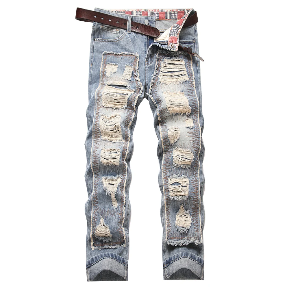 Men's Ripped Jeans Holes Patchwork Distressed Denim Pants Fringe Embroidery Loose Straight Baggy Trousers