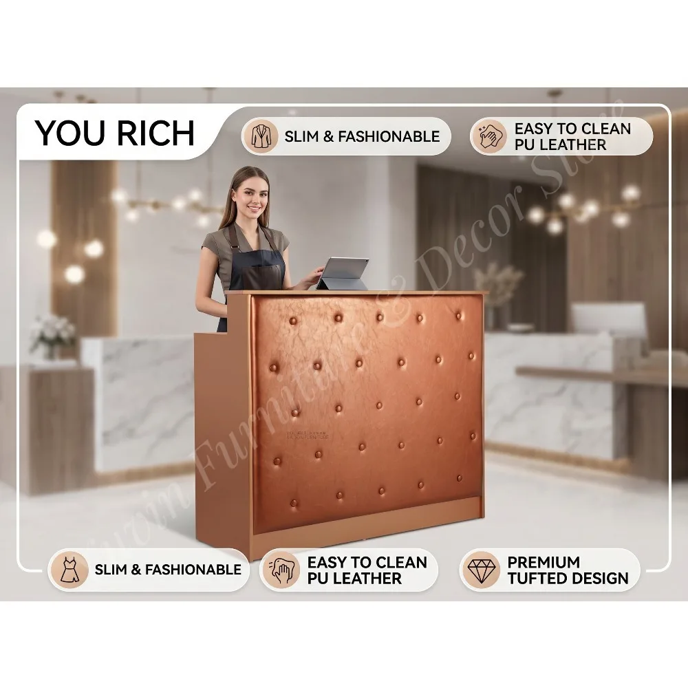 Slim Orange Reception Counter, Premium Tufted  Leather Front Desk for Salon & Spa