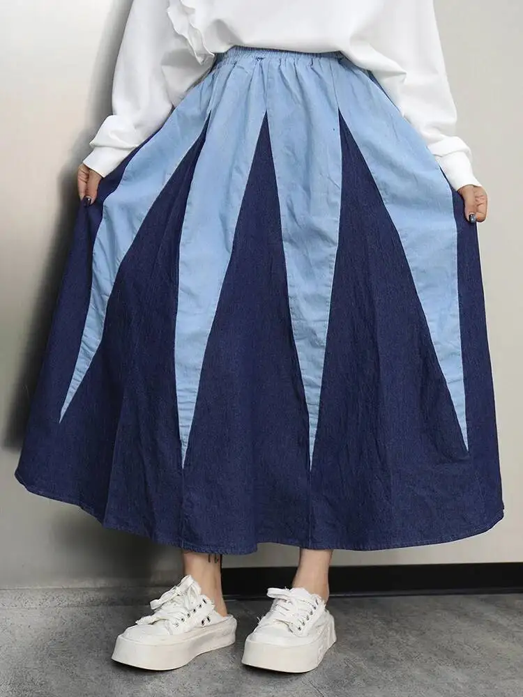 

High Elastic Waist Light Blue Color-block A-line Half-body Skirt Women Fashion Tide New Spring Autumn