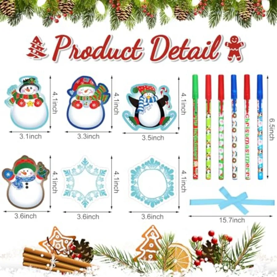 72 Pcs Christmas Notepads with Pens Winter Sticky Notes Ballpoint Pens with Ribbons Snowman Snowflake Mini Pocket Memo Pads for