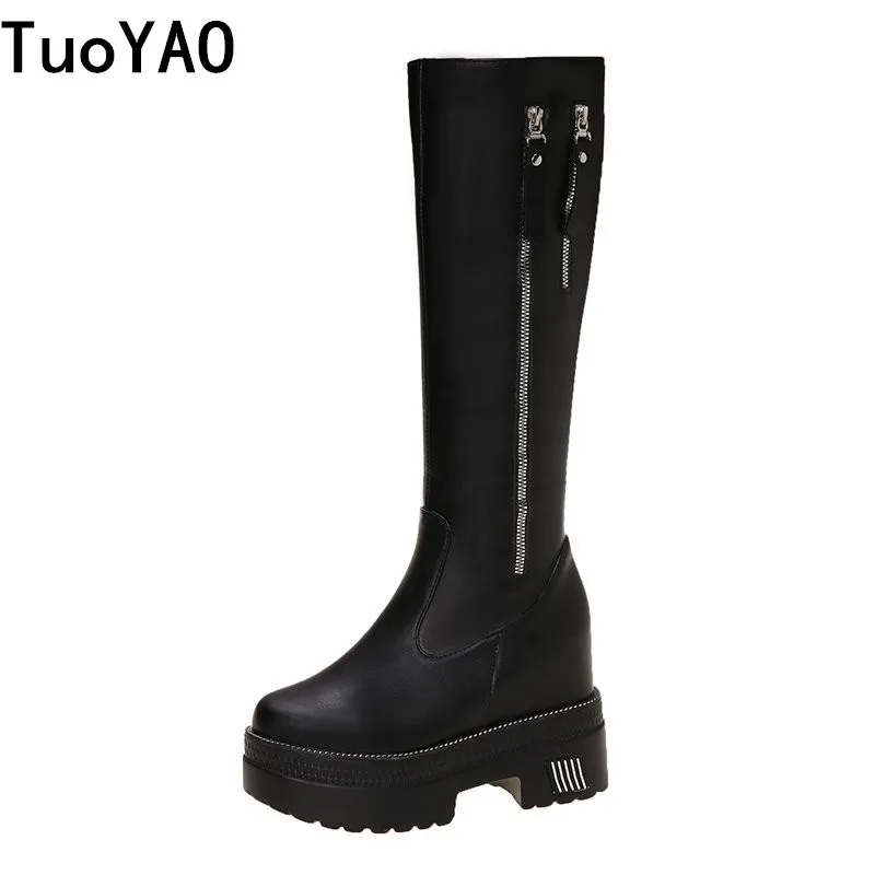 Women Chunky Platform Knee- High Boots Fashion Retro Punk Height Increasing Long Boots Woman 10cm Women Autumn Winter Booties