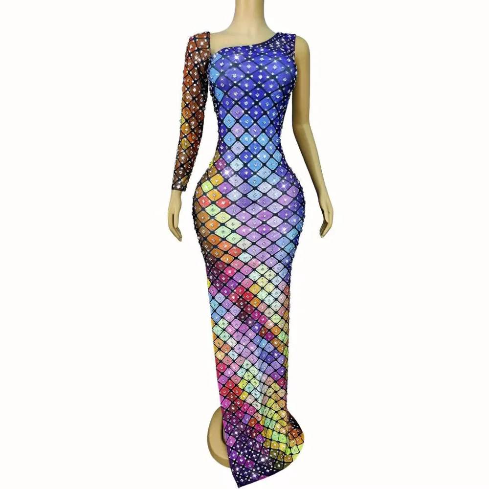 

Colorful Block Pattern Shining Rhinestones High split One shoulder Dress Women Evening Party Gowns Photoshoot show Stage Wear