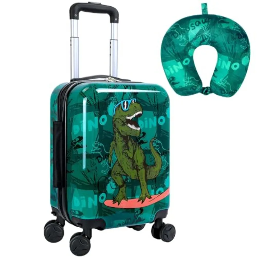 

Skateboard Dinosaur Luggage 2PC Set: Airline-Approved Carry On Boys Suitcase with 360° Spinner Rolling Wheels, Includes Neck Pi