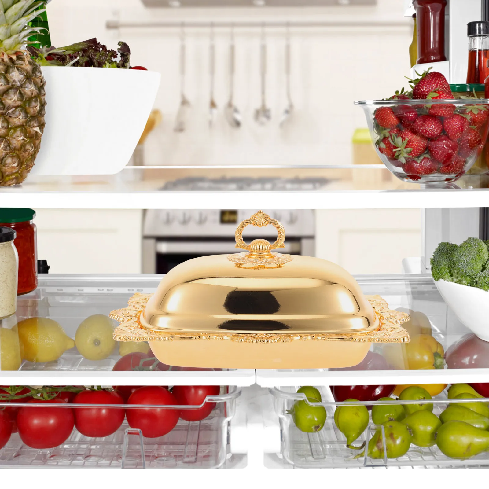 

1Set Stylish Butter Plate Delicate Design Easy to Clean Metal Lid Food Preservation Household Cheese Container