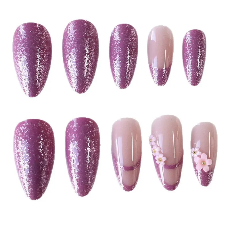 

2026 New Minimalist Nail Art: Sophisticated Sweet Pink Glitter French Line Floral Long Almond Wear Nails