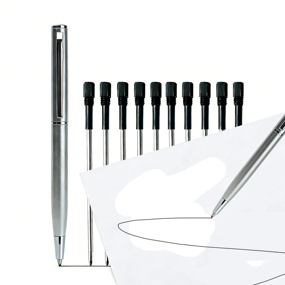 Mini Stainless Steel Metal Ballpoint Pen with 10 Replacement Refills Set, Portable Pocket Ballpen Compact Short Pen for Wallet image 3