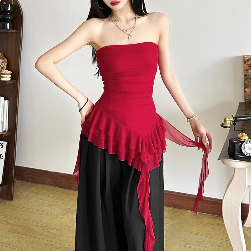 

2025 Spring/Summer Women's New Fashion One Shoulder Slim Fit Tassel Strapless Solid Color Versatile Small Tank Top