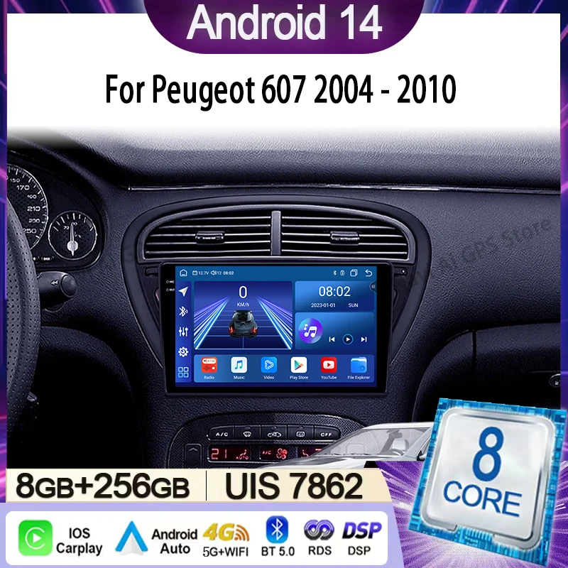 

Car Radio For Peugeot 607 2004 - 2010 Multimedia Video Player Navigation Stereo GPS Android 14 wireless Carplay DSP WIFI