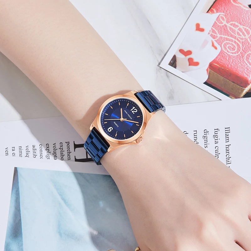 Mini Focus MF0308L Fashion Women Dress Watches Luxury Blue Solid Stainless Steel Waterproof Ladies Quartz Watch