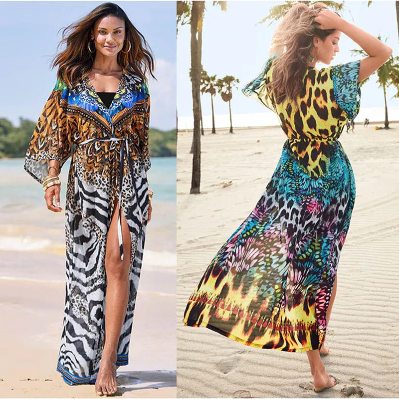 

Sexy Bikini Cover-ups Retro Leopard Chiffon Long Kimono Dress Tunic Women Clothing Beach Wear Swim Suit Cover Up