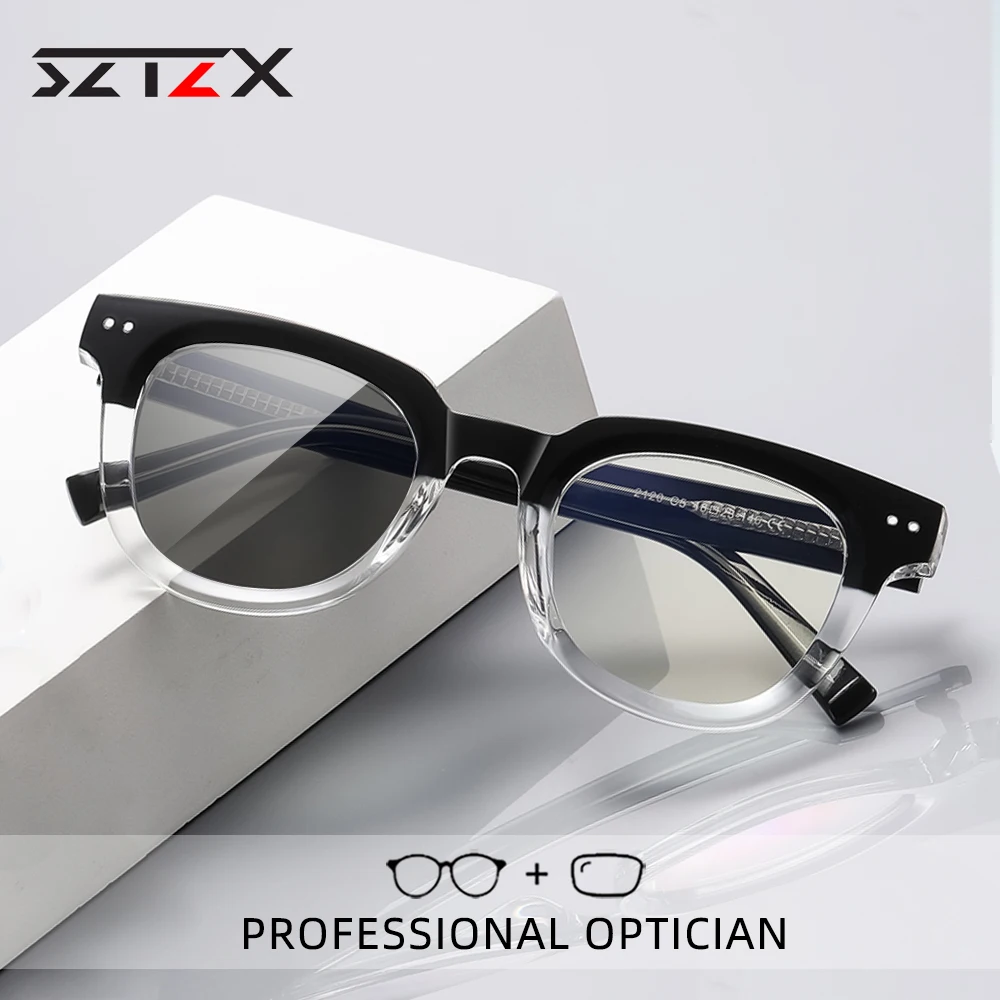 

SZTZX Women's Oval Cat's Eye Fashion Photochromic Eyeglasses Prescription Customized Hyperopia Anti-Blue Light Reading Glasses