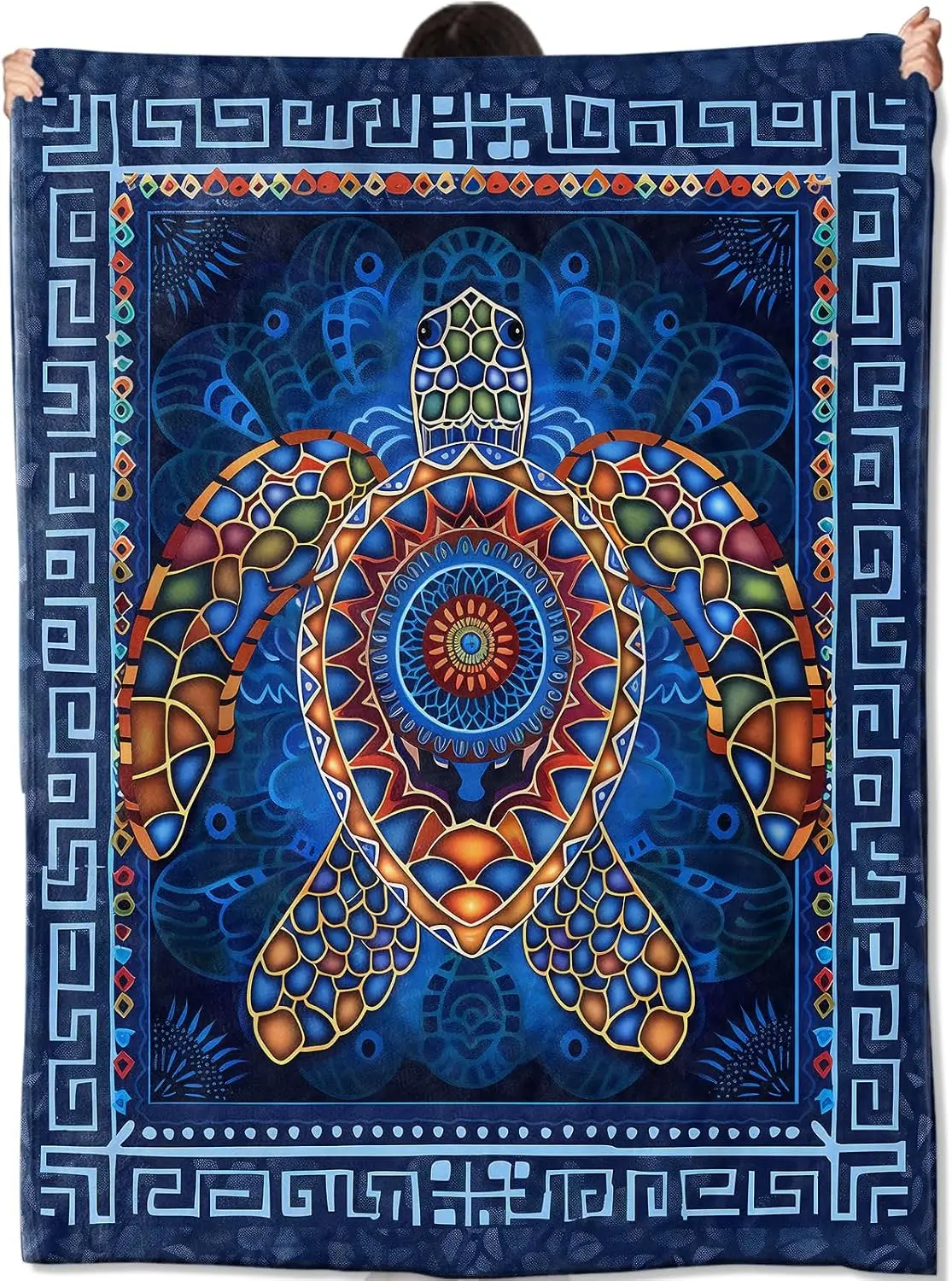 Tribal Colorful Mosaic Turtle Retro Frame Pattern Soft Blanket Fit Living Room Bed Travel Multi-scene Warm Household Daily Use