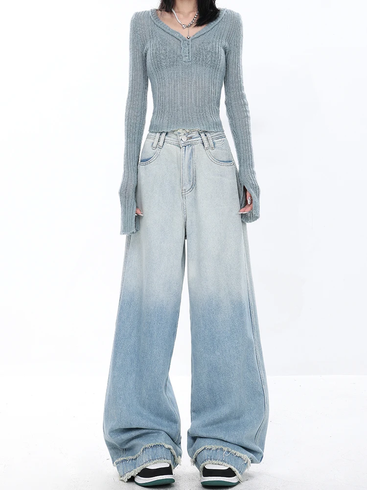 Jeans sfumati Y2k blu chiaro da donna Harajuku pantaloni in Denim Oversize Streetwear pantaloni Jeans a gamba larga abbigliamento Vintage 2000s