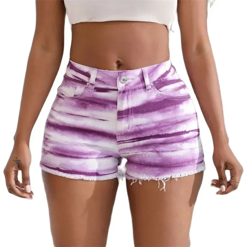 

Women New Tie-dye Denim Shorts Fashion Tassel Trouser Legs Washable Three Quarter Pants Summer Casual Female Hip Lift Mini Jeans