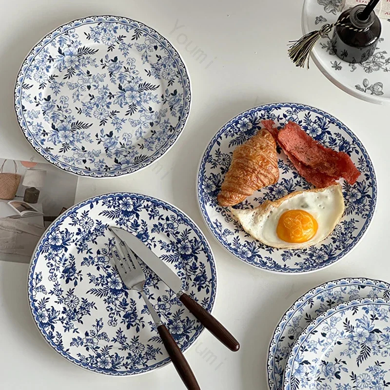

Retro Chinese Style Dining Plates Light Luxury Small Flowers Ceramic Plate Afternoon Tea Dessert Fruit Plate Exquisite Tableware