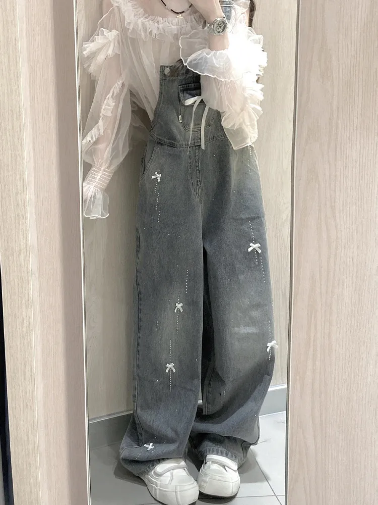 Retro Blue Jumpsuit for Women Korean Style Loose Fit Buckle Bow Overalls Rhinestone Hot Stamping Washed Casual Rompers