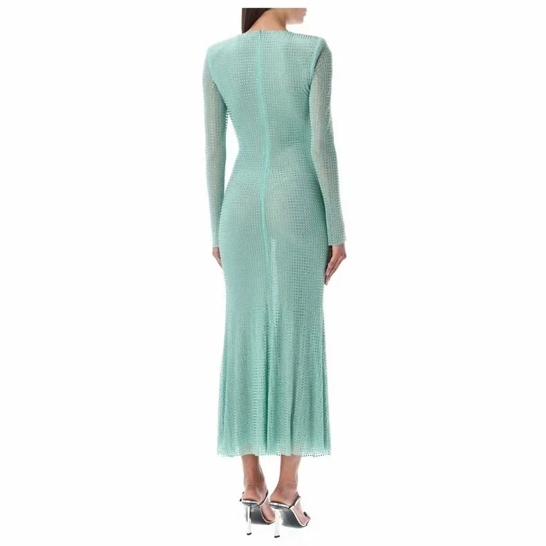 EVACANDIS New Women Hot Diamond Dress Fashion Long Dress Sexy Hollow Out