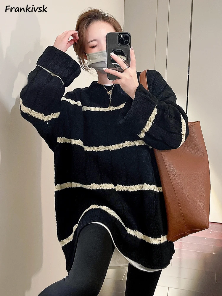 

Retro Striped Sweaters Women Contrast Color Slouchy All-match Korean Commuting Style Long Sleeve Baggy Fashion Knitting Autumn