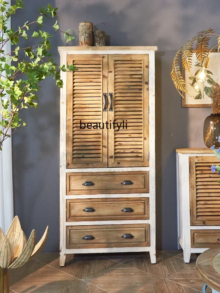 D178  retro shutters multi-layer shoe cabinet living room dining side cabinet multi-functional solid wood storage high cabinet