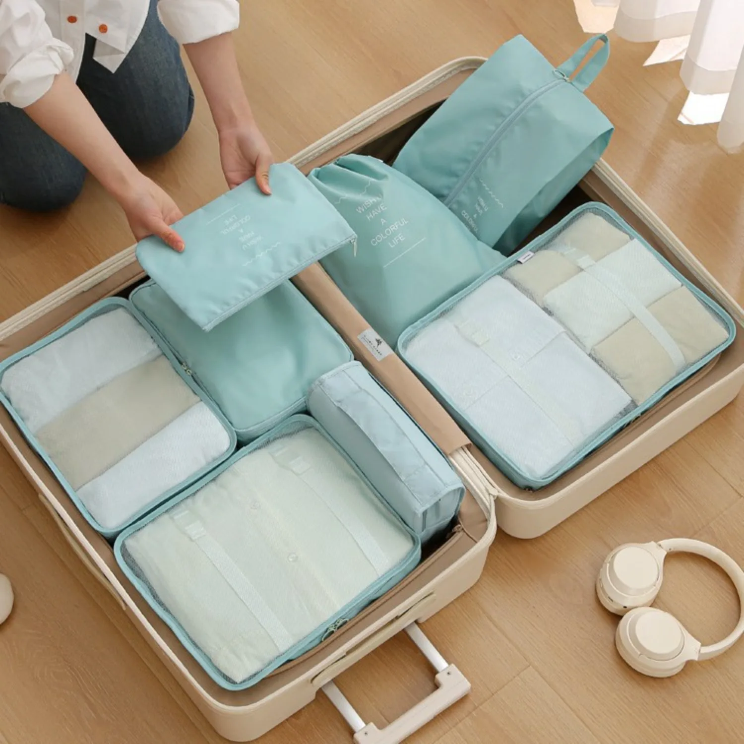 6 Pcs/Set Pink/Blue/Grey Travel Storage Bag Large Capacity Waterproof Luggage Clothing Underwear Storage Bag Bag with Zipper