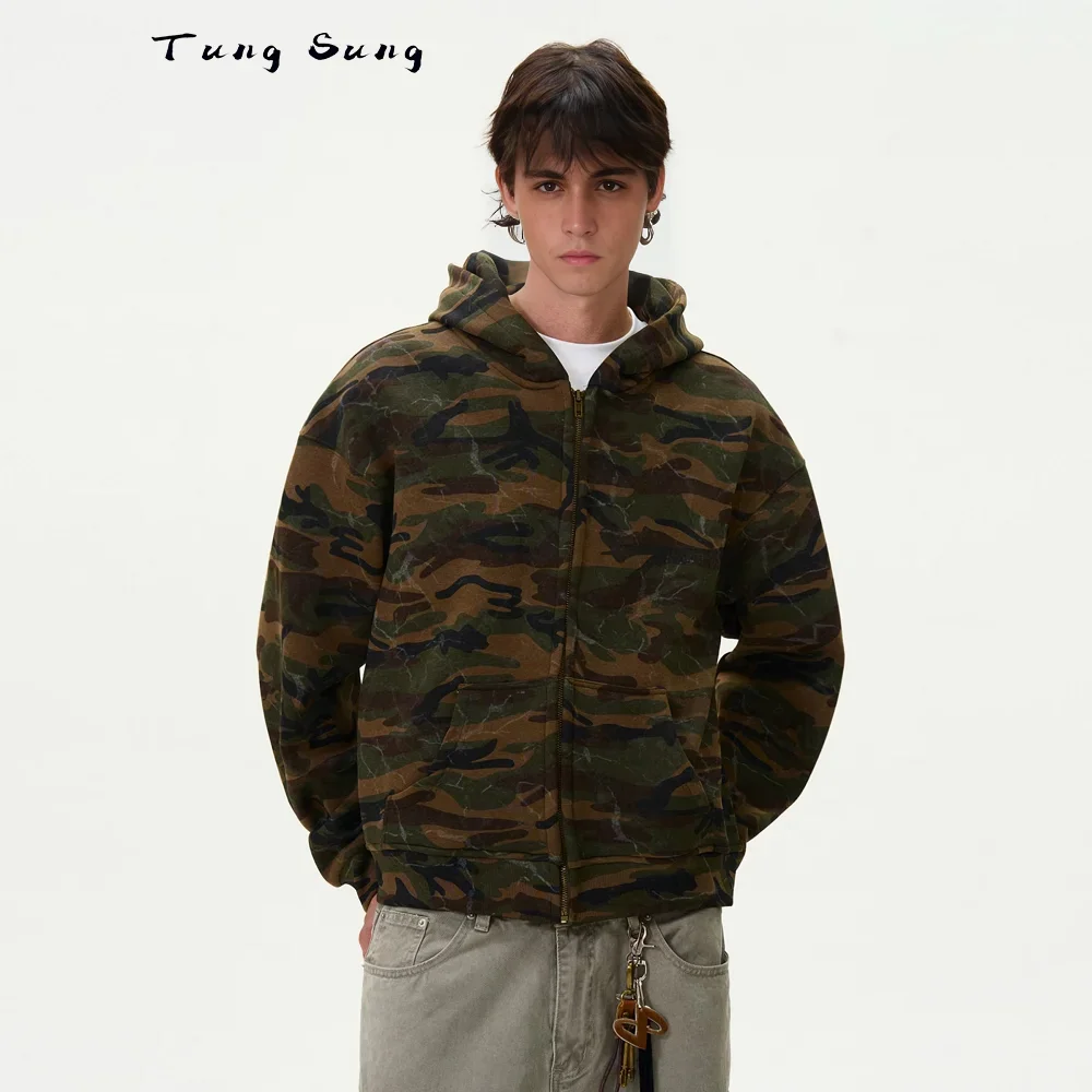 Tung Sung Vintage Corrugated Washed Camouflage Hooded Jacket Harajuku Streetwear Zip Up Hoodies