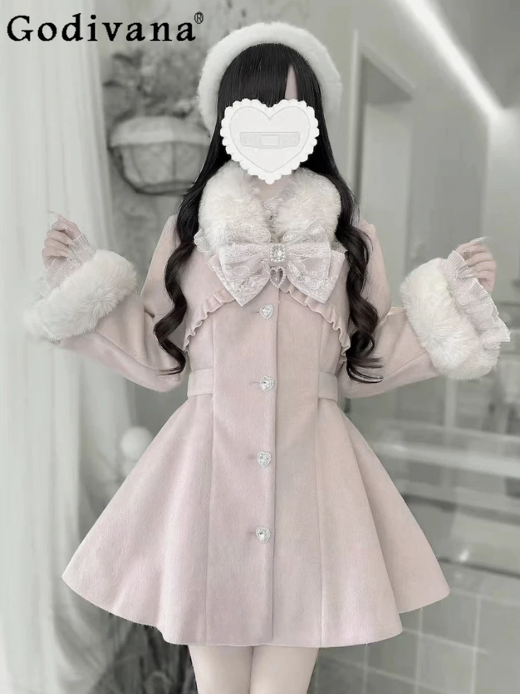 

Girl's Princess Sweet Lolita Woolen Jacket Autumn Winter New Woman's Japanese Mine Mass-Produced Cute Bow Slim Fit Overcoat
