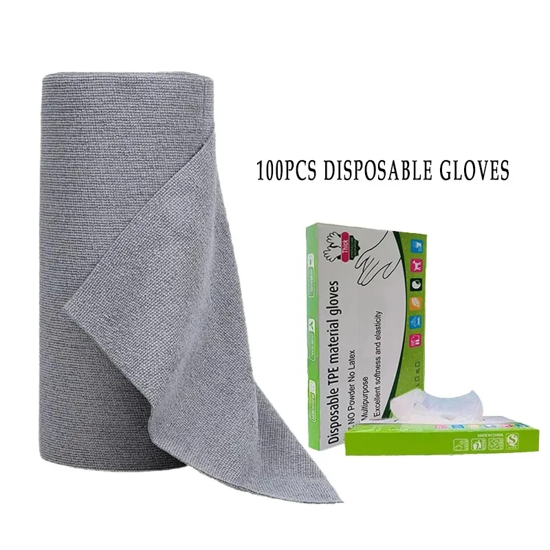 One Roll of Disposable Cloth (20pcs) 25x25CM ,100pcs Disposable Gloves Hand Torn Cleaning Towel, Reusable Microfiber Towel Wash view 6