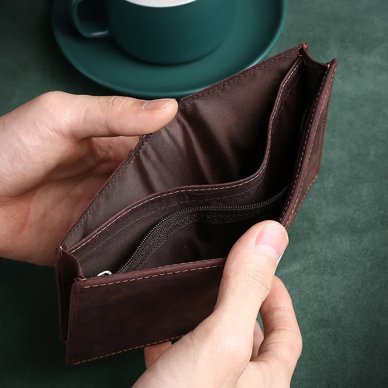 Genuine Leather Men's Wallet Short Style Double Zipper Large Capacity Ticket Holder Simple Design Card Bag with Two Bill Slots