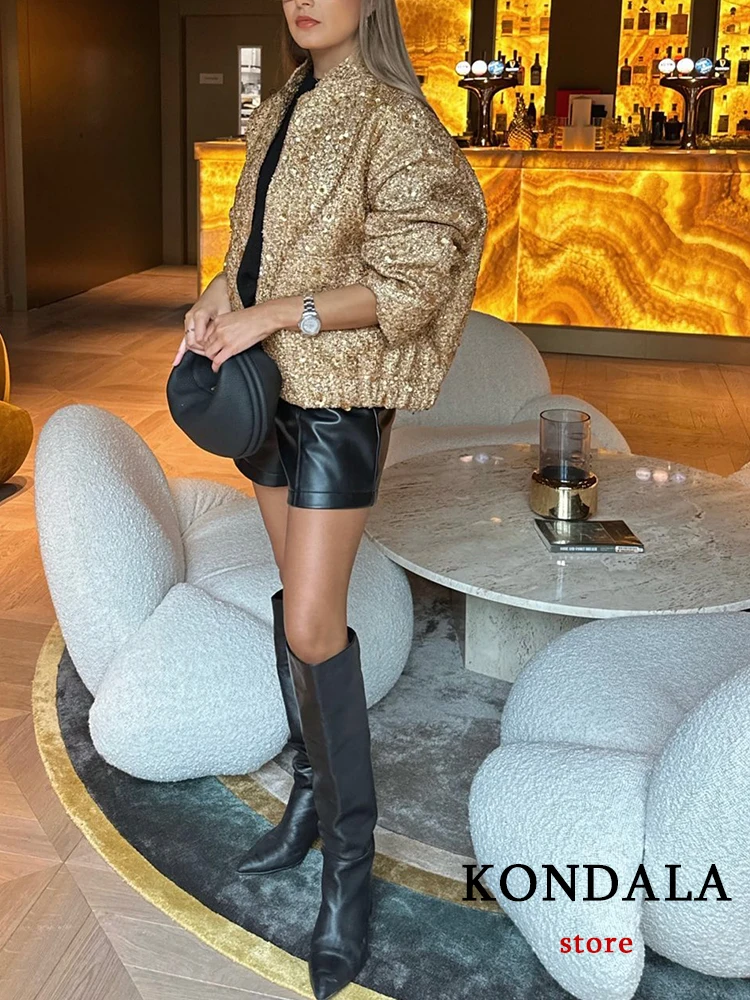 KONDALA Streetwear Golden Sequined Oversized Jackets Women Long Sleeve Zipper Thick Coats Fashion 2023 Autumn Winter Outwears