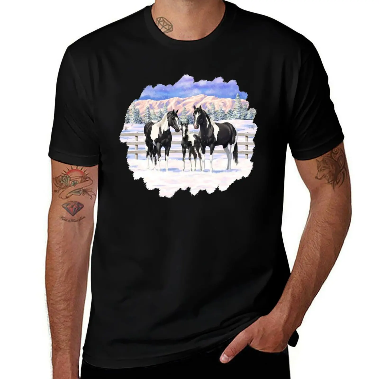 Camiseta con pintura negra de caballo Pinto Quarter Horses in Snow, camisetas gráficas para hombre, camisetas de diseñador