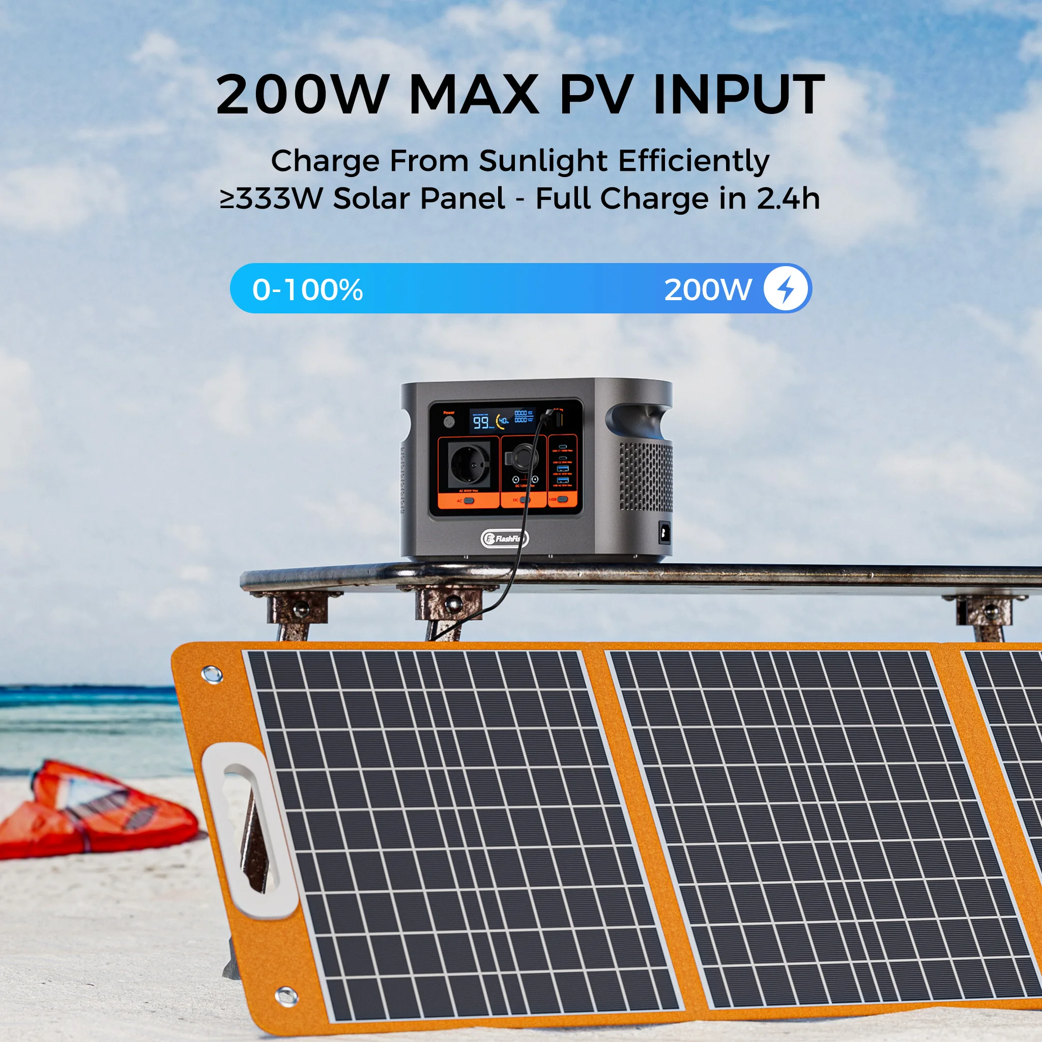 600W tragbare Powerstation und 100W Solarpanel FlashFish E106B 384Wh 120000mAh LiFePO4 Solargenerator, reine Sinuswelle, 3000+ Zyklen, 100W PD QC3.0, 200W Solareingang, unterstützt das Laden während