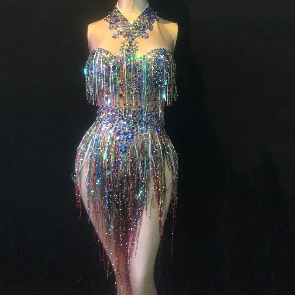 Glitter Multicolor Rhinestones Sleeveless Halter Women Bodysuits Colored Fringes Tight Stretch Jumpsuits Nightclub Stage Romper