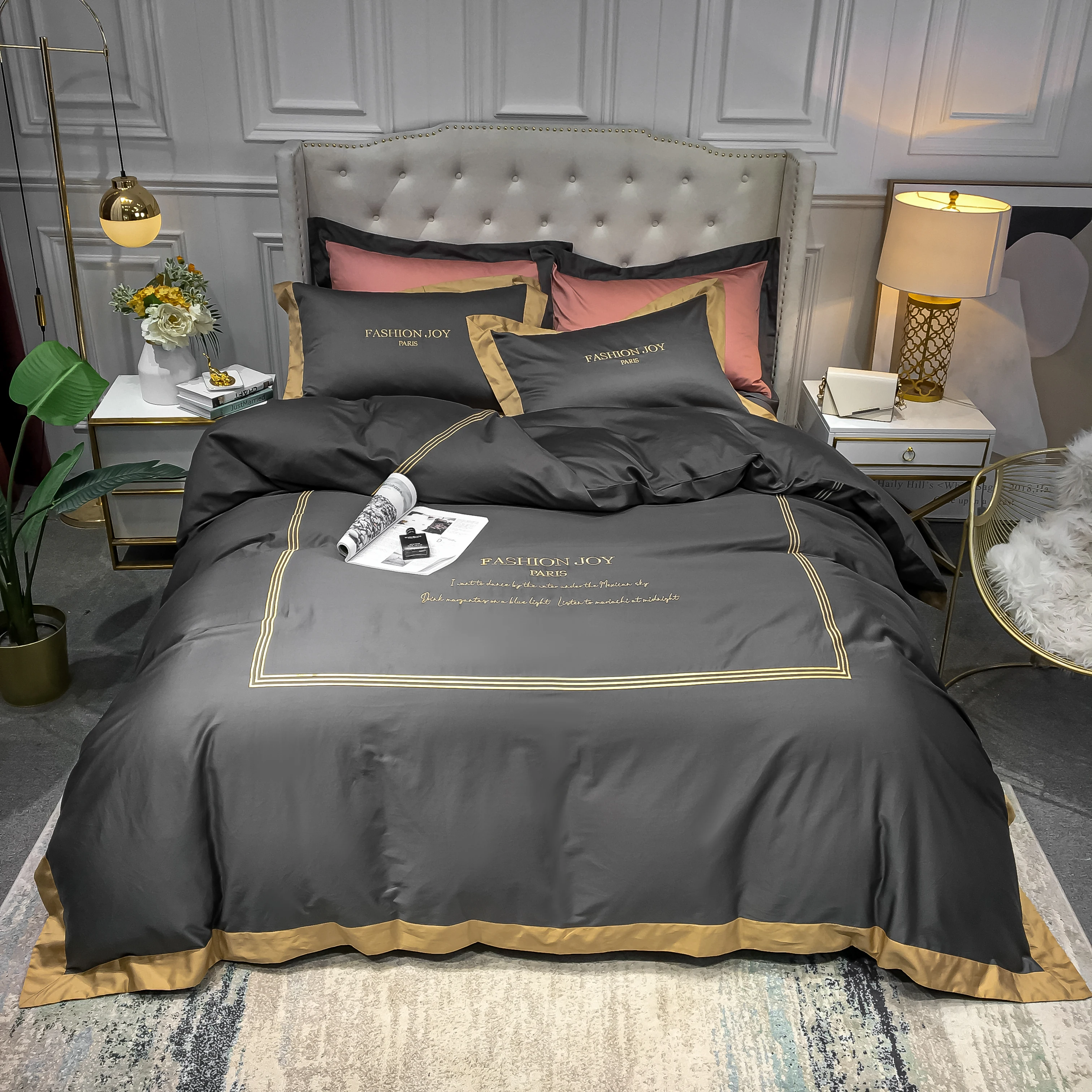 

2024 New Four-piece Bedding Long-staple Cotton Embroidered Double Household Bed Sheet Quilt Cover Light Luxury Style Gray Color