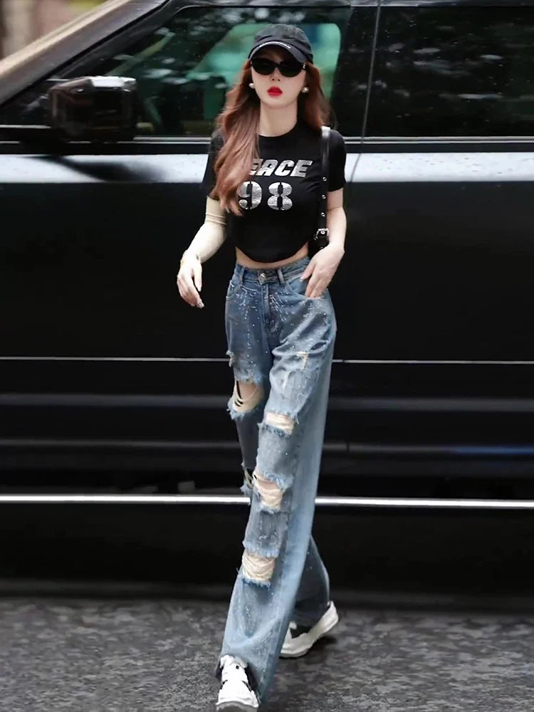 

High Waist Straight Leg Torn Denim Jeans Women's Summer Fashion Loose Slimming Design Sensation Lyocell Straight Leg Pants