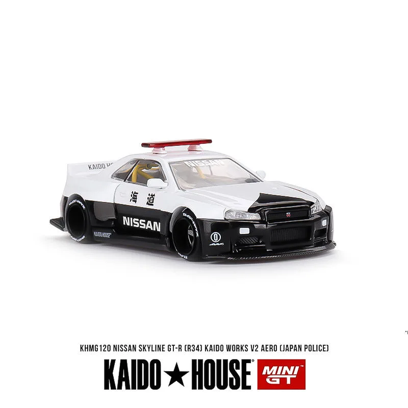 KAIDO HOUSExMINIGT 1/64 닛산 스카이라인 GT-R (R34) Kaido WORKS V2 에어로 경찰 합금 장난감, 자동차 다이캐스트 금속 모델 선물