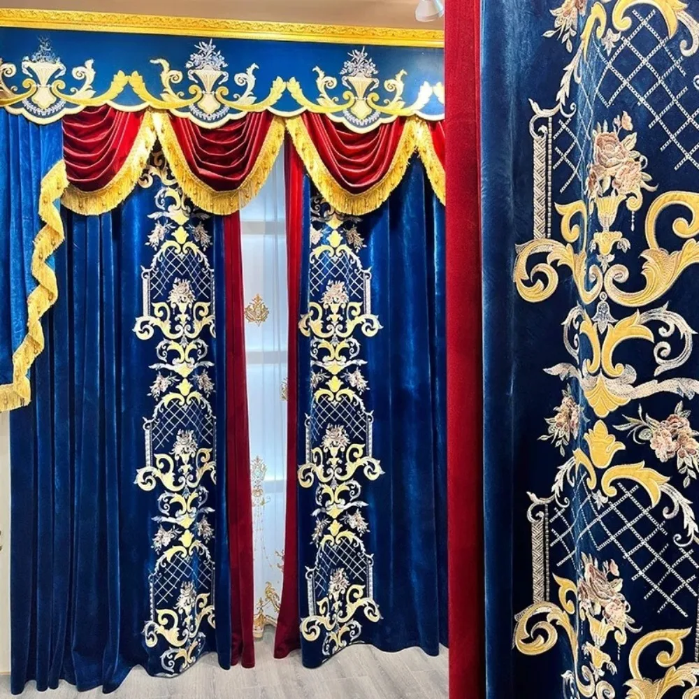 American-style Retro Villa Luxury European Embroidery Blue Velvet Cloth Blackout Curtains for Living Dining Room Bedroom Custom