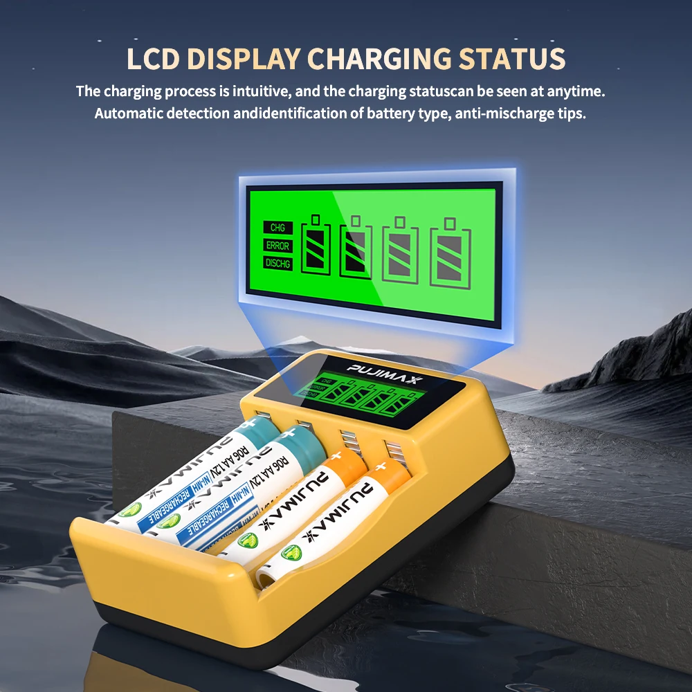 PUJIMAX شاشة الكريستال السائل AA/AAA شاحن بطارية 4 فتحات ل NI-MH /NI-CD 1.2 فولت بطارية قابلة للشحن شاشة ذكية شحن سريع