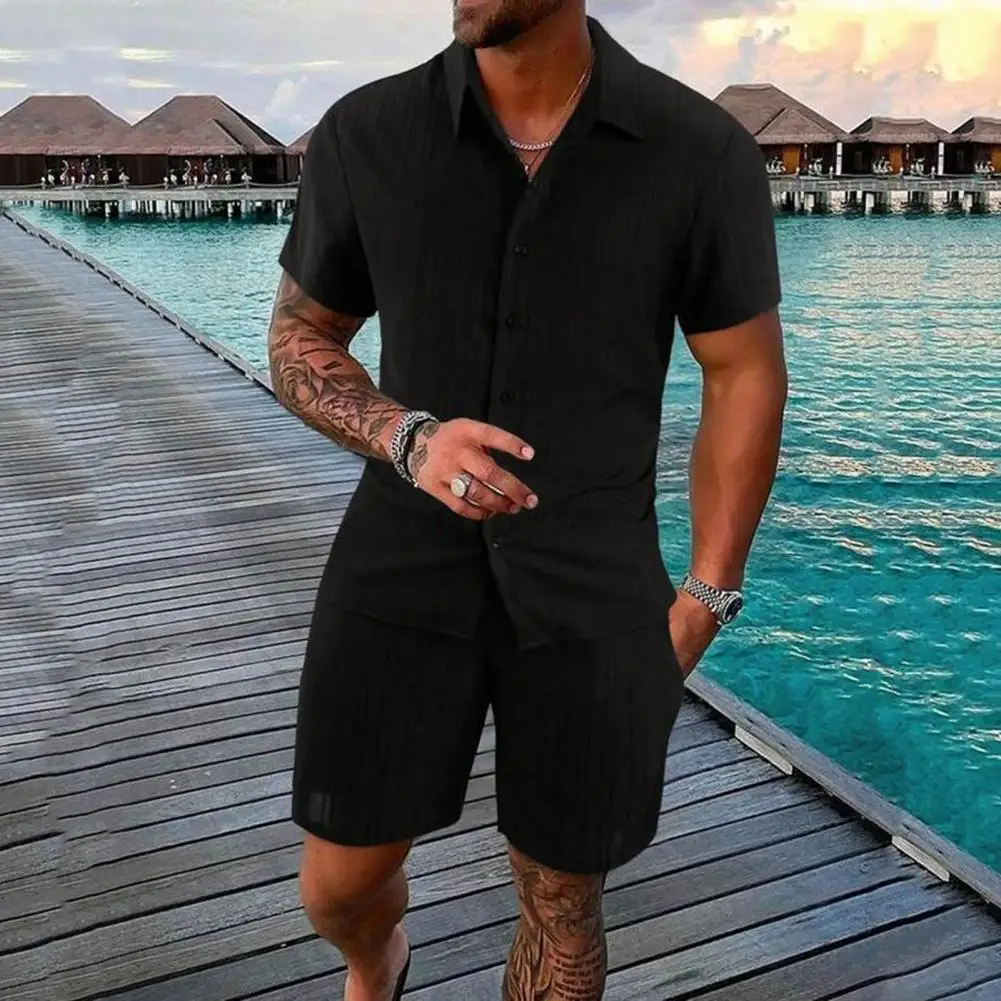 Men Casual Shirt Shorts Set Men's Casual Lapel Shirt Drawstring Waist Shorts Set Solid Color Loose Fit Outfit for Summer Solid