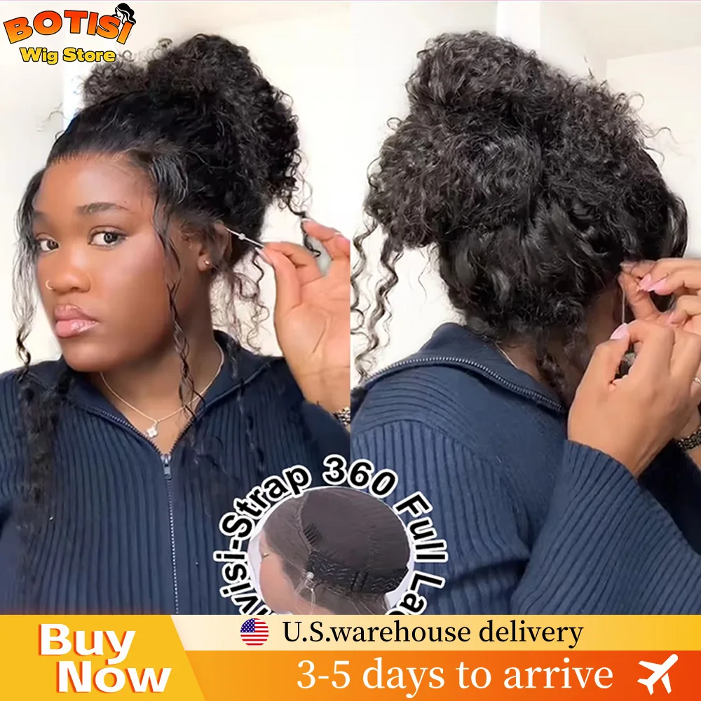 

Botisi Deep Wave Wig 360 Lace Wig Invisible Drawstring Curly Wig Human Hair Water Wave Ready To Wear Natural Black Wig For Women