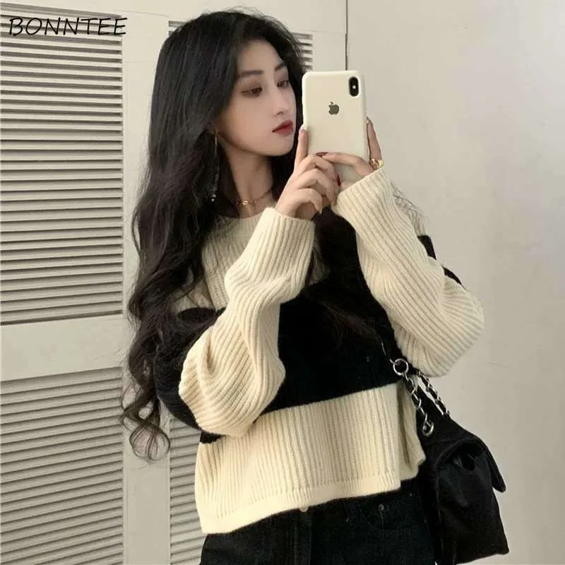 

Striped Sweaters Women Loose Pullovers Home Vintage O-neck Long Sleeve Knitting Tops Baggy Korean Fashion Streetwear Casual Soft