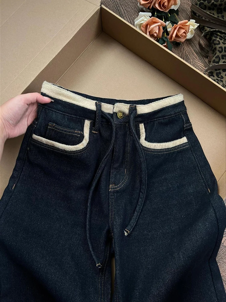 ارتفاع الخصر سميكة الدافئة الدنيم السراويل النساء خمر الخريف الشتاء جديد المخملية اصطف الأزرق الداكن مستقيم واسعة الساق الجينز