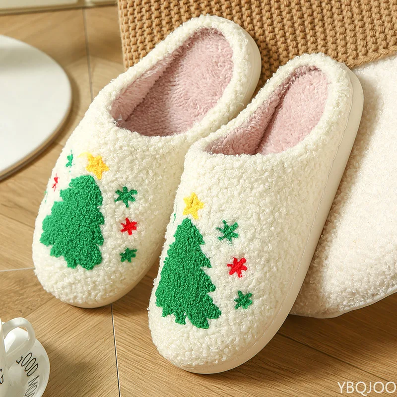 

Cartoon Cute Cotton Slippers 2024 New Autumn Winter Christmas Tree Warm Couple Style Home Flat Bottom Non Slip Cotton Slippers