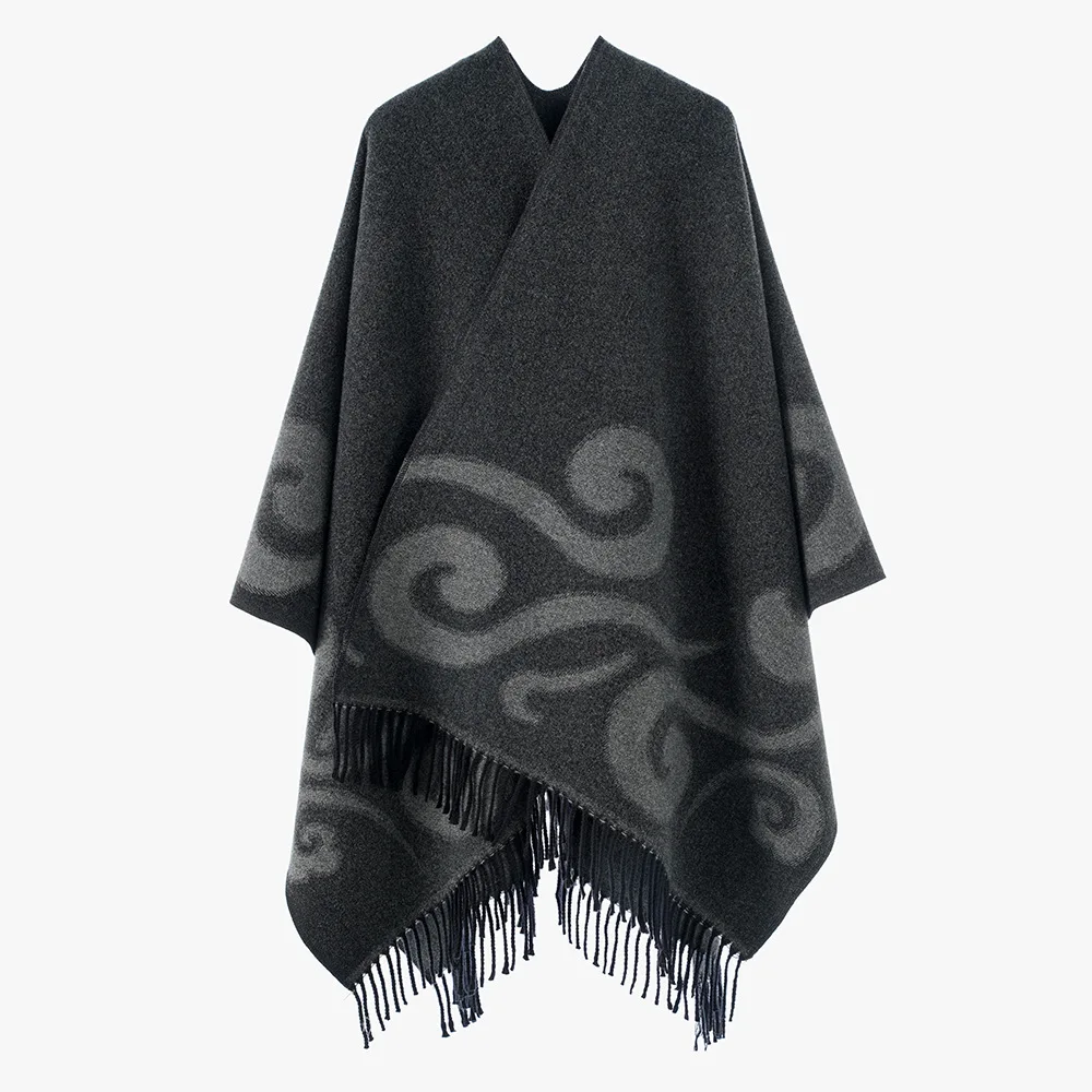 New Good Faux Cashmere Auspicious Clouds Jacquard Poncho Soft Comfort Long Cape Outerwear Unisex Autumn Winter Thick Shawl