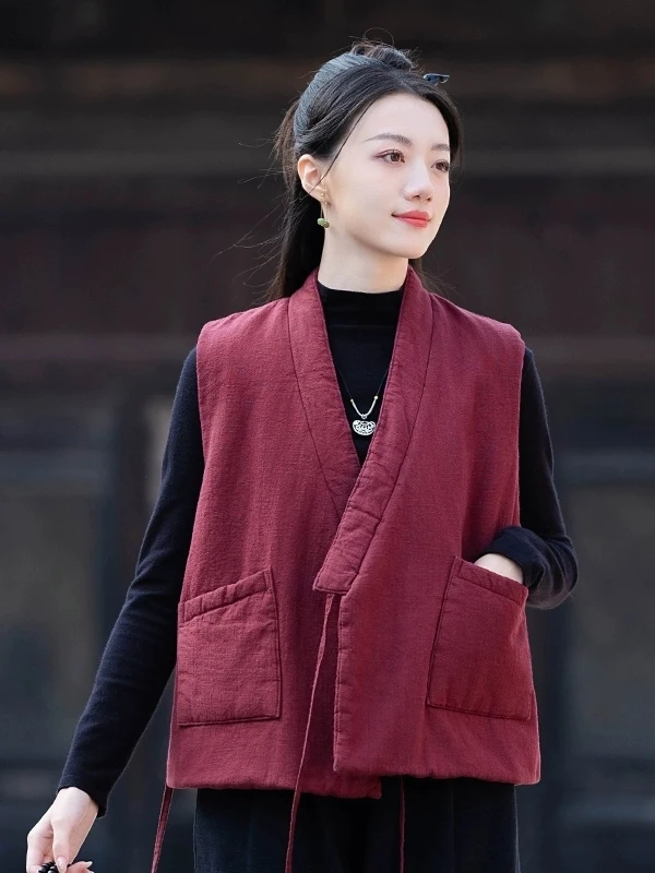 New Chinese Style Loose Cotton Linen Blend Women's Vest Warmth V-Neck Buttoned Backless Tank Top Outerwear for Autumn Winter