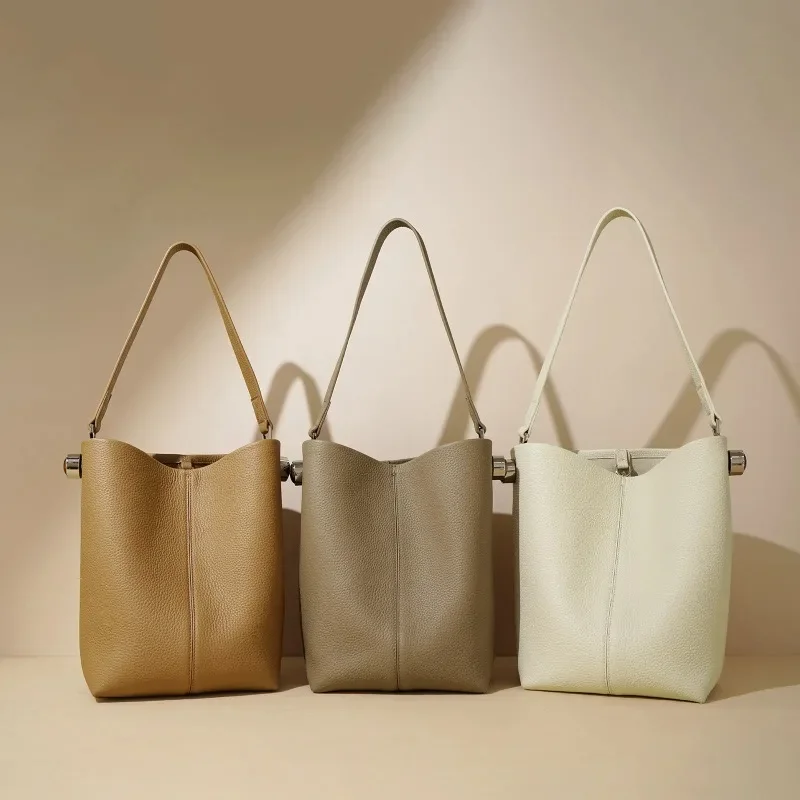 

Large Capacity Bucket Bag Cowhide Leather Bolsos Mujer Underarm Shoulder Bags Vintage Commuter Bolsa Simple All-match Bolsas