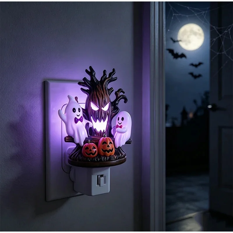 Resin Wall Plug In Decor Night Light Swing Ghost Pumpkin Figurine Ornament Indoor Bedroom Wall Festival Home Tabletop Decoration