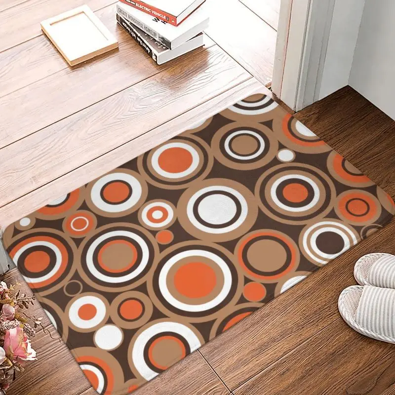 Retro Orange Brown Circle Geometric Pattern Door Floor Kitchen Bath Mat Anti-Slip Outdoor Doormat Garage Entrance Rug Carpet