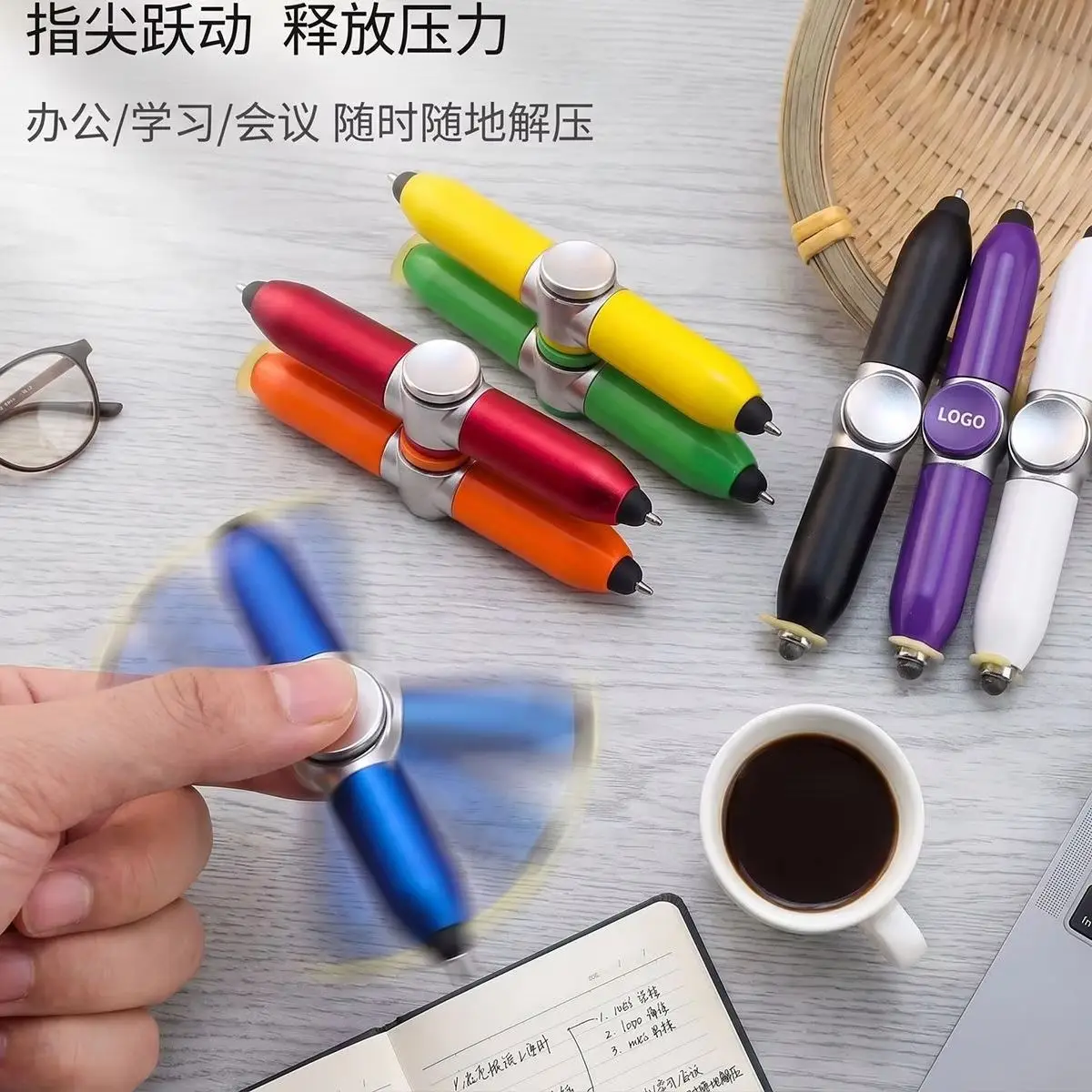 Multifunctional Fidget Spinner Gyro Pen with LED, Decompression Ballpoint Pen Stress Relief Office Desk Novelty Gift for Adults